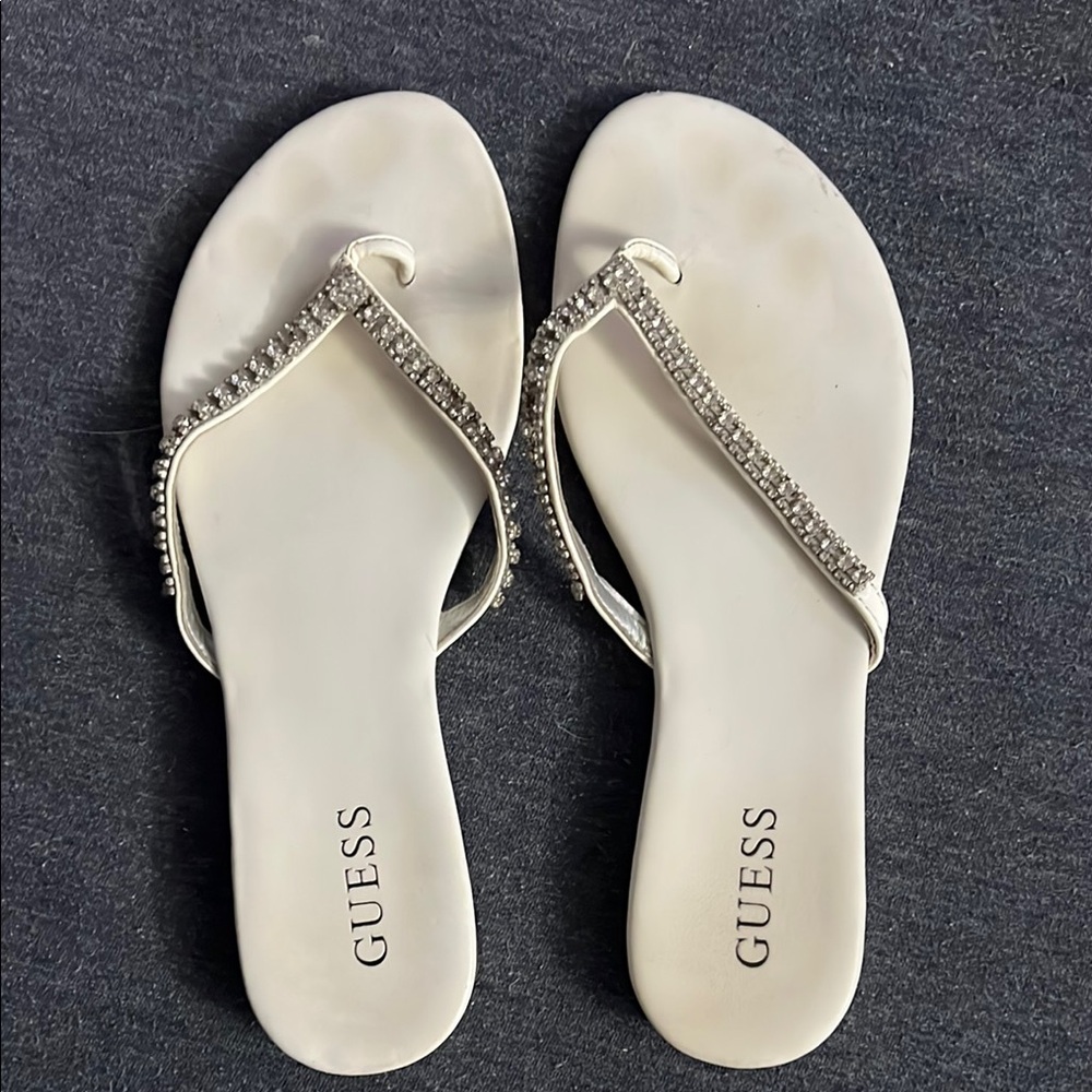 GUESS Women's White Sandals with Rhinestone Detail